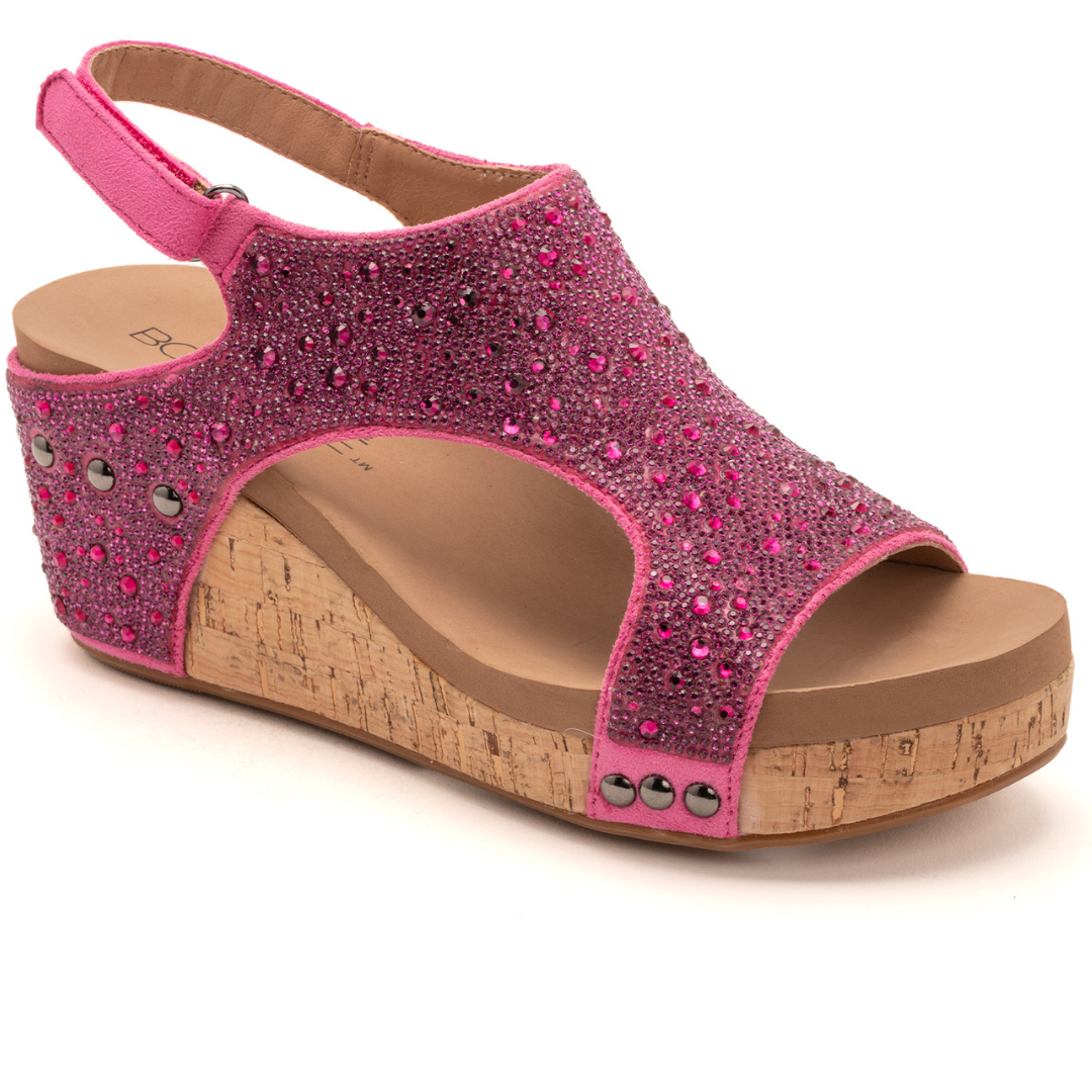 "The Ashley" Rhinestone Corky Wedge Sandal (Fuchsia)-Lola Monroe Boutique