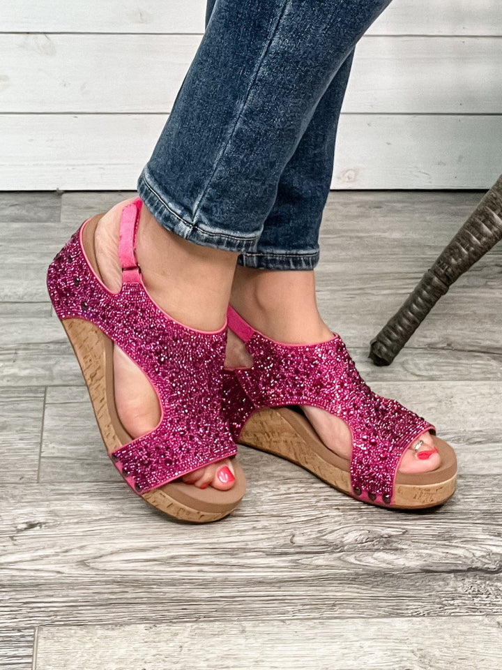 Corkys "The Ashley" Rhinestone Corky Wedge Sandal (Fuchsia)-Lola Monroe Boutique
