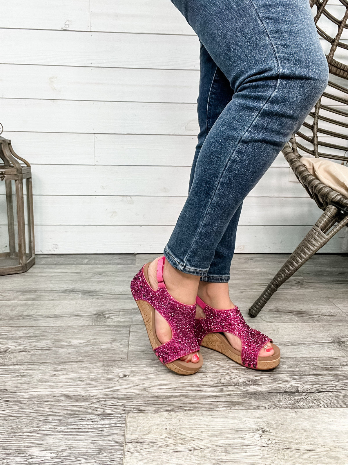 Corkys "The Ashley" Rhinestone Corky Wedge Sandal (Fuchsia)-Lola Monroe Boutique