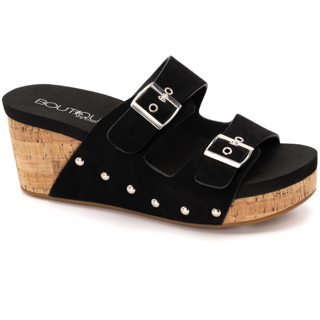 "Twinkie" Corky Wedge Sandal (Black Suede)-Lola Monroe Boutique