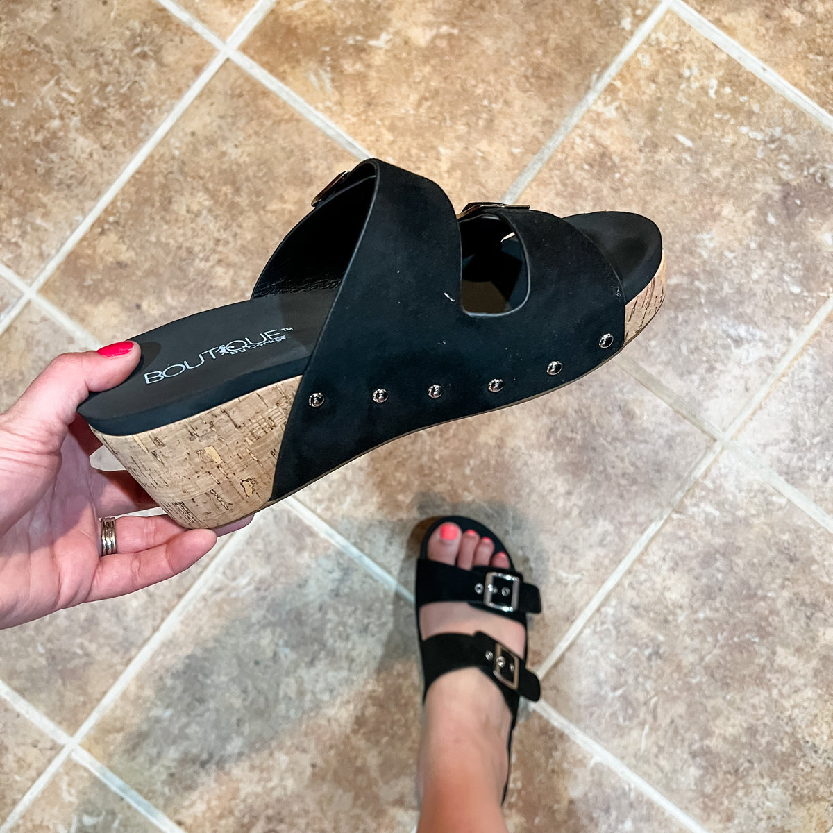 Corkys "Twinkie" Corky Wedge Sandal (Black Suede)