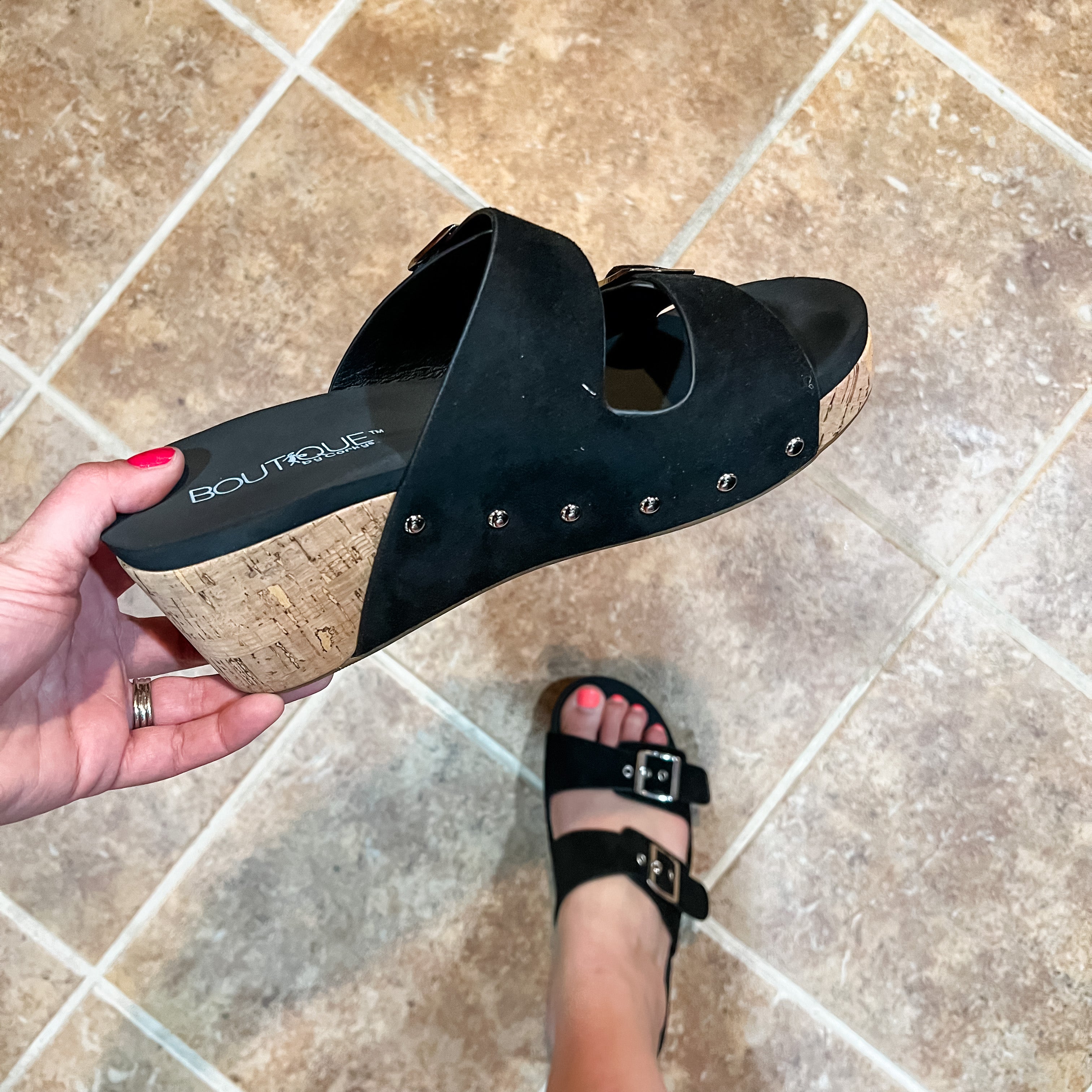 "Twinkie" Corky Wedge Sandal (Black Suede)-Lola Monroe Boutique