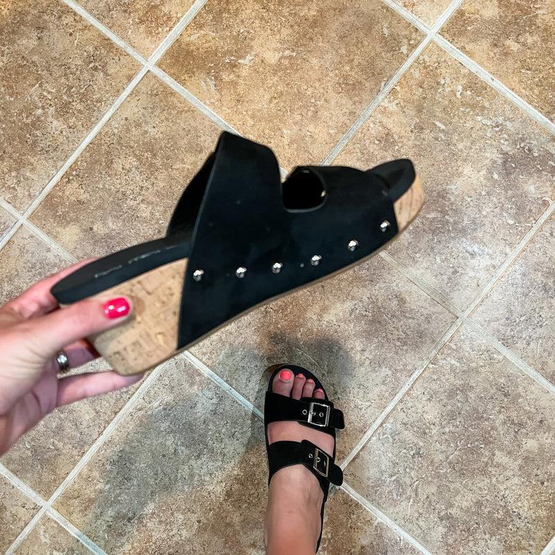 Corkys "Twinkie" Corky Wedge Sandal (Black Suede)