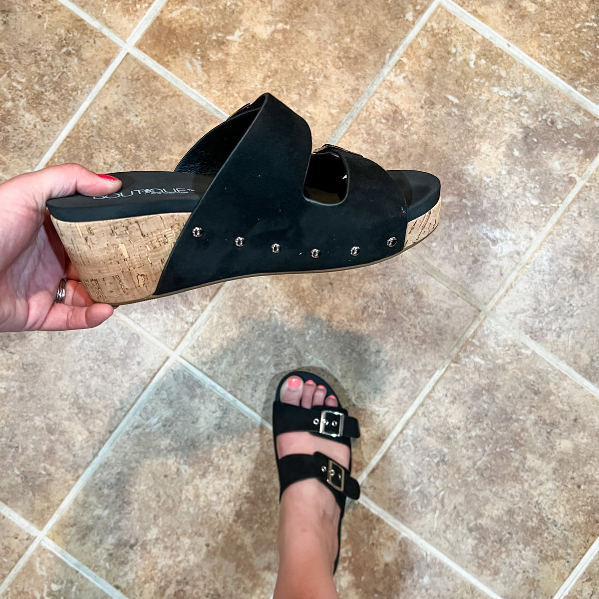 Corkys "Twinkie" Corky Wedge Sandal (Black Suede)