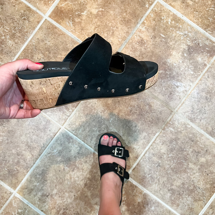 Corkys "Twinkie" Corky Wedge Sandal (Black Suede)