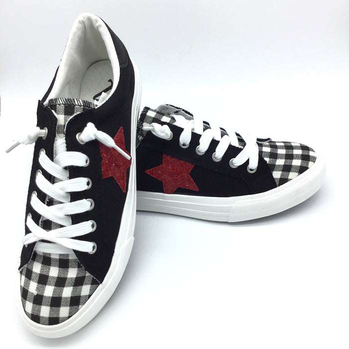 "Cosmic" Very G Lace up Sneaker with Glitter Star (Black/Red)-Lola Monroe Boutique
