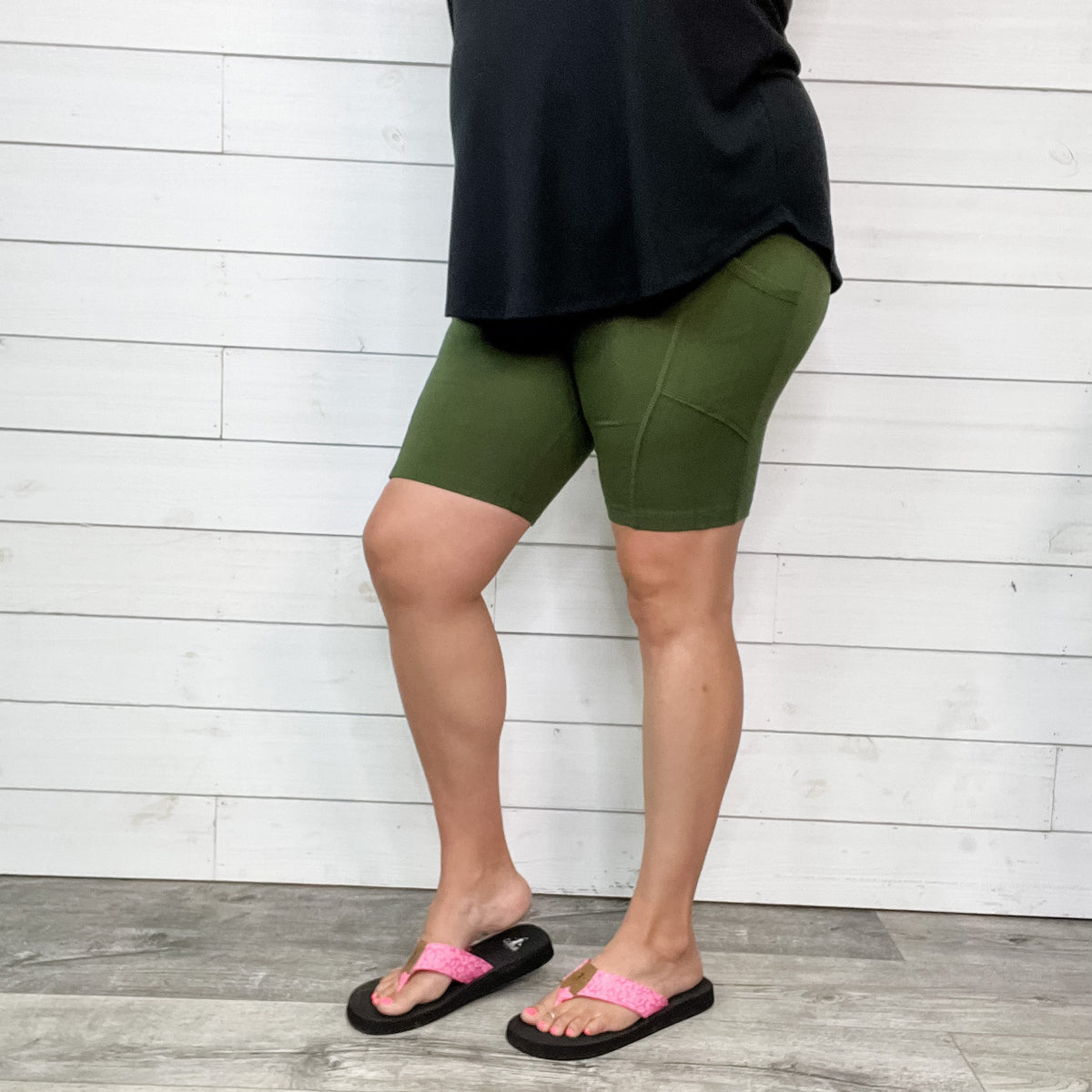Cotton No Chub Rub Bike Shorts with Pockets (Army Green)-Lola Monroe Boutique