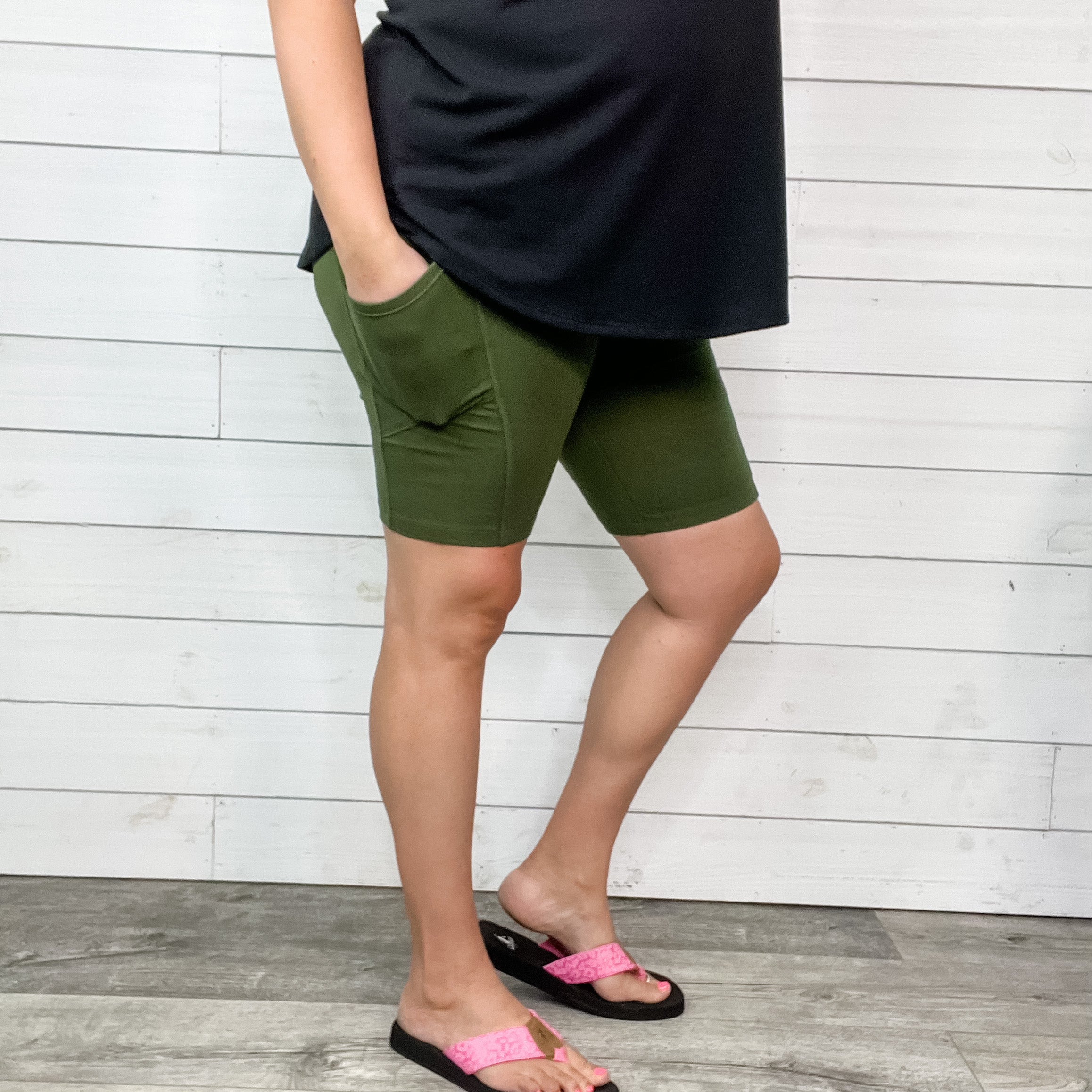 Cotton No Chub Rub Bike Shorts with Pockets (Army Green)-Lola Monroe Boutique