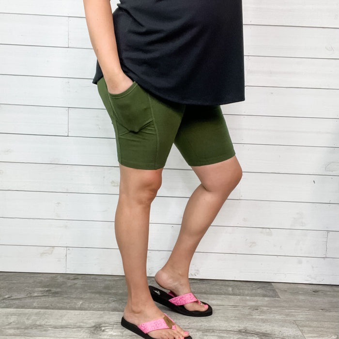 Cotton No Chub Rub Bike Shorts with Pockets (Army Green)-Lola Monroe Boutique