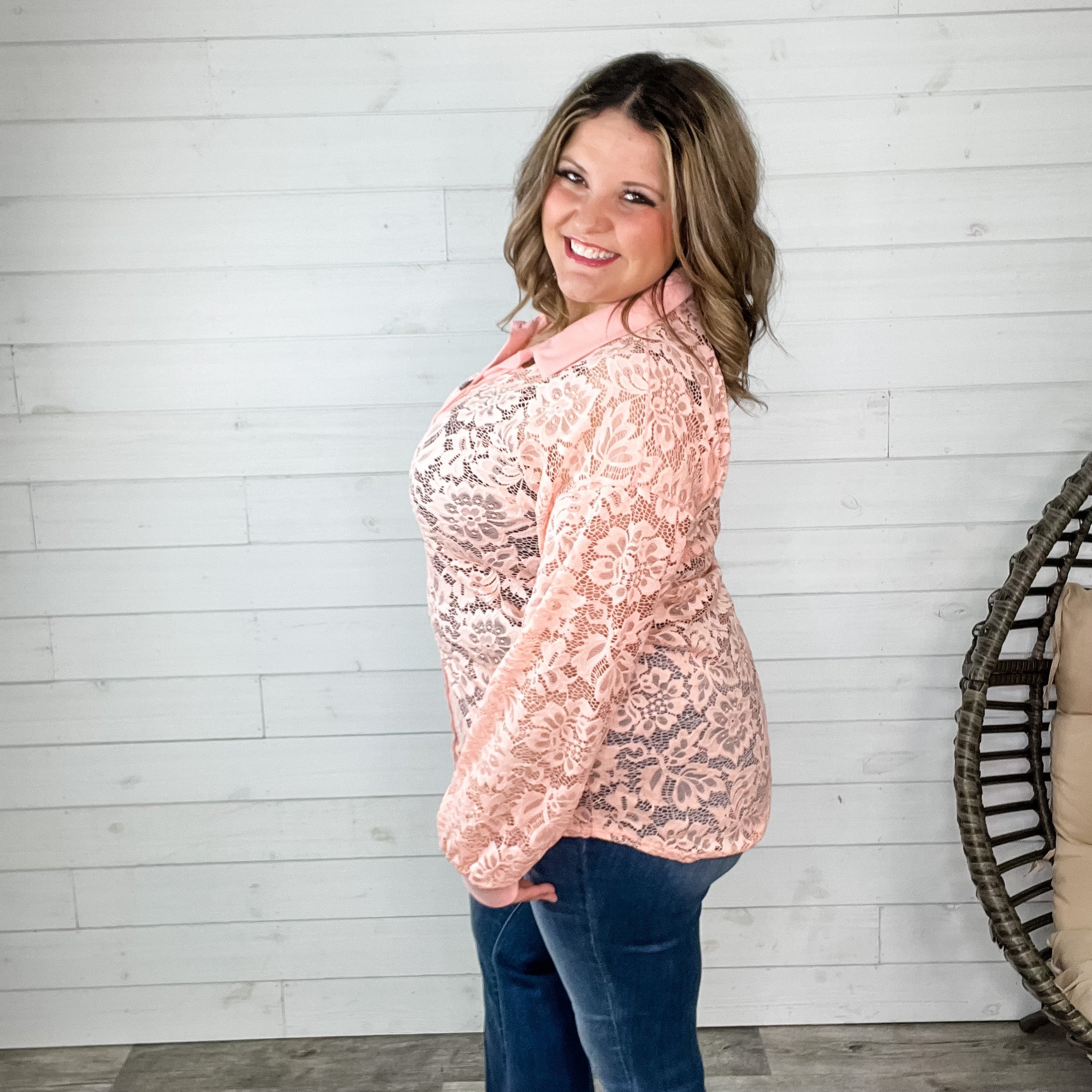 "Crosby" Lace Collared Button Up (Peach)-Lola Monroe Boutique