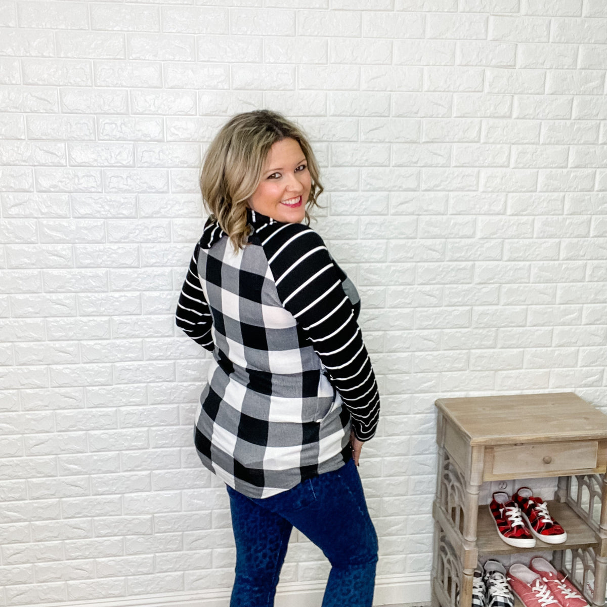 "Crystal" Light Weight Hoodie with Stripe Sleeve (Black & White Plaid)-Lola Monroe Boutique