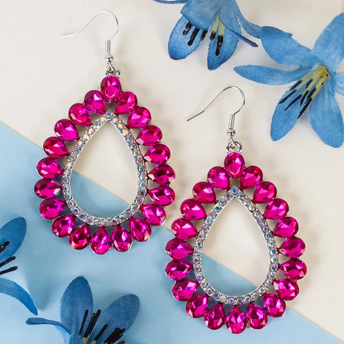 Crystal Teardrop Earrings (Fuchsia)-Lola Monroe Boutique
