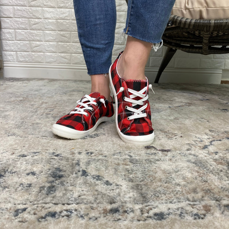 Custom Sneakers (Red and Black Plaid)-Lola Monroe Boutique