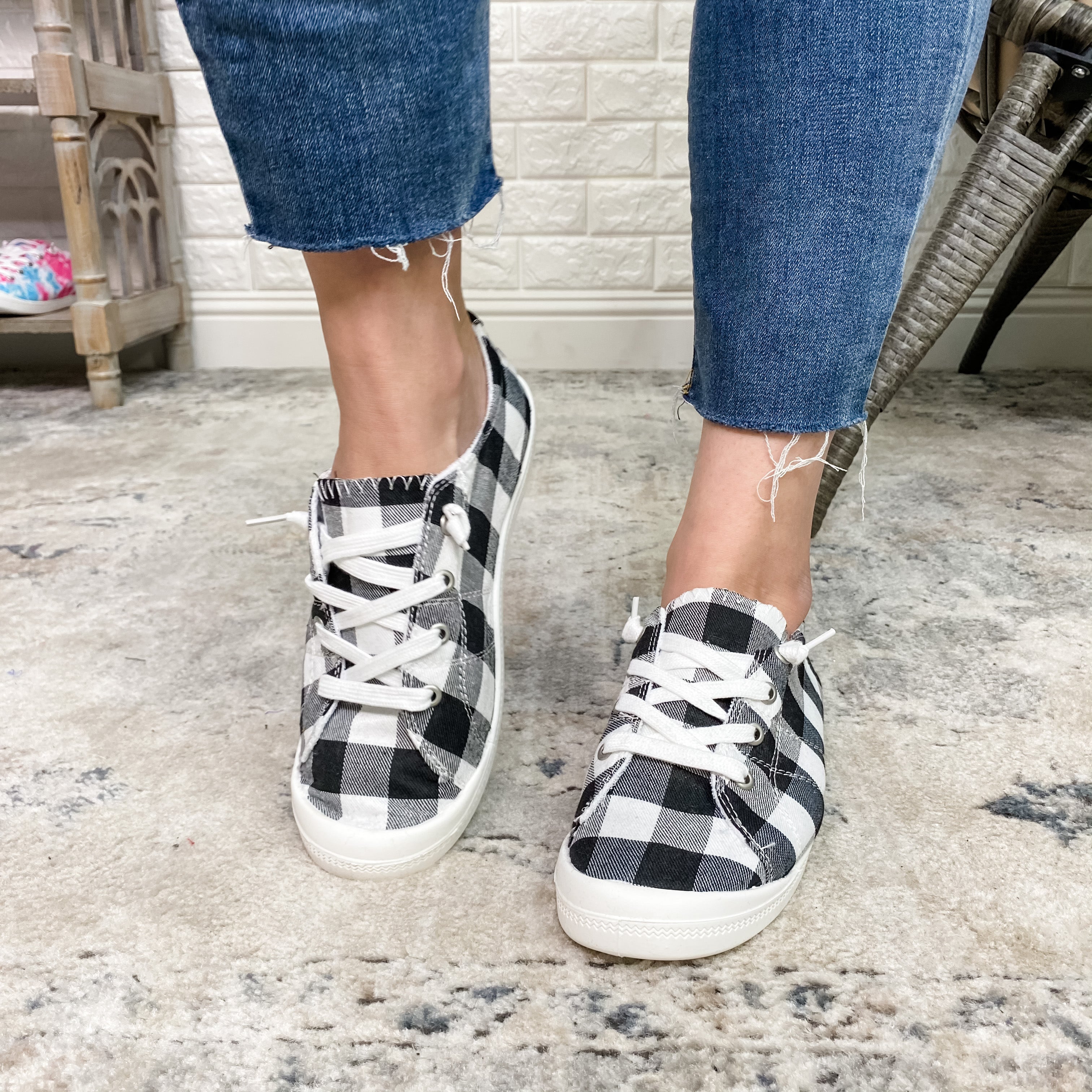 Custom Sneakers (White and Black Plaid)-Lola Monroe Boutique