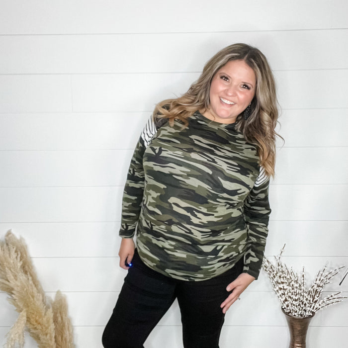 "Dare Me" Long Sleeve Camo and Sequin Accent