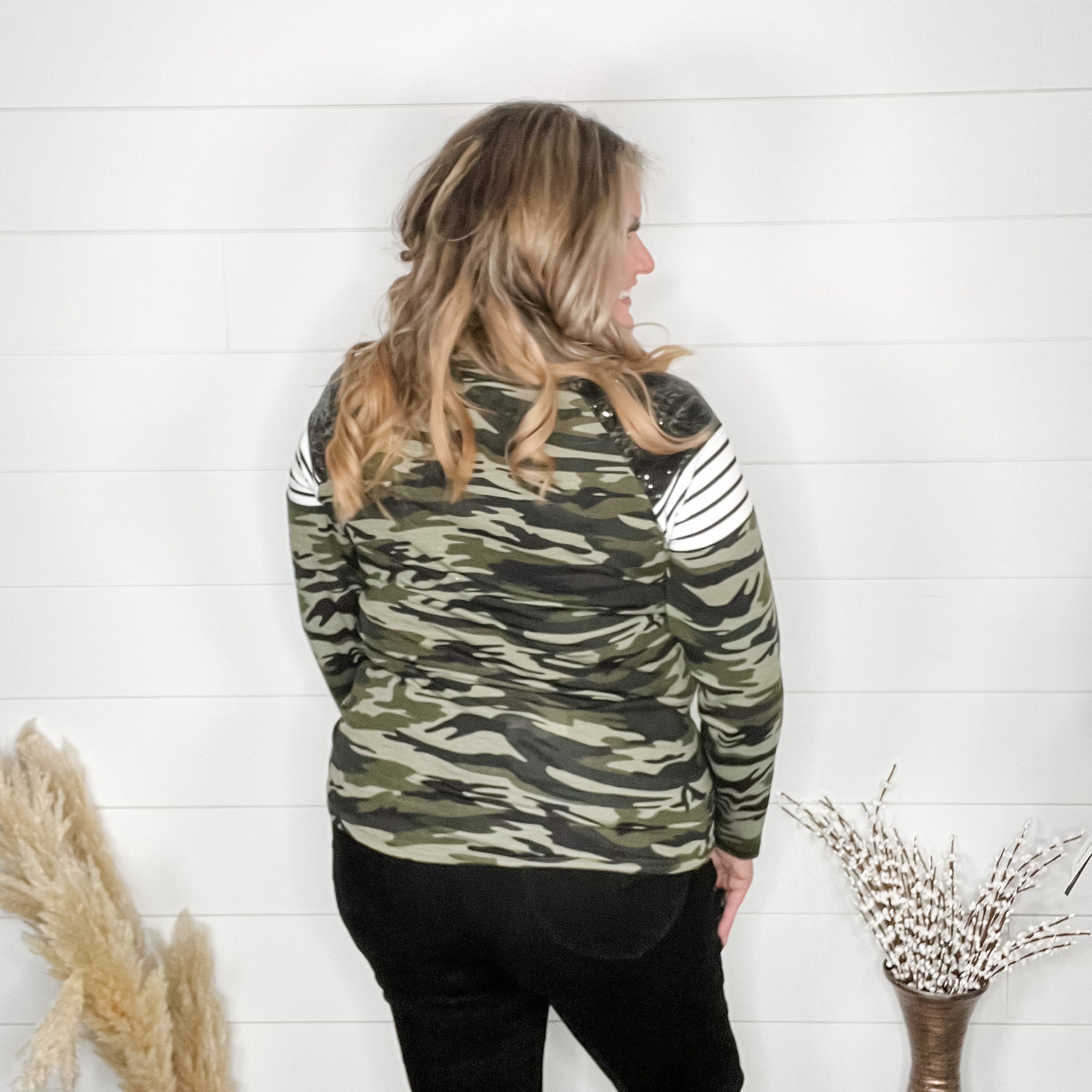 "Dare Me" Long Sleeve Camo and Sequin Accent-Lola Monroe Boutique