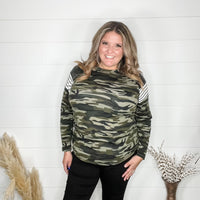 "Dare Me" Long Sleeve Camo and Sequin Accent