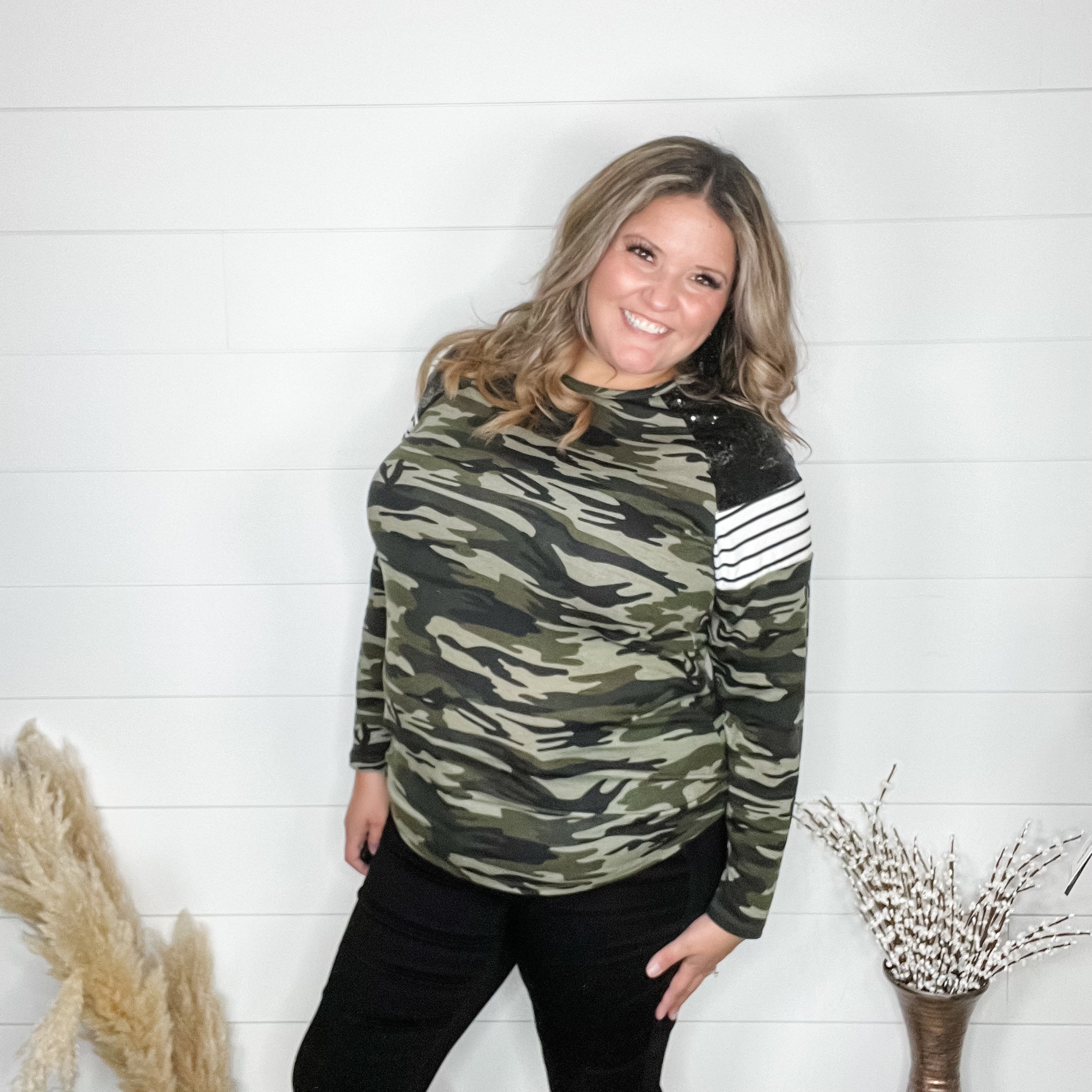 "Dare Me" Long Sleeve Camo and Sequin Accent-Lola Monroe Boutique