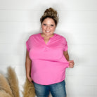 "Dare" Solid Split Neck Cuffed Short Sleeve (Magenta)-Lola Monroe Boutique