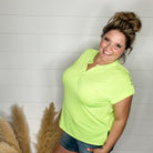 "Dare" Solid Split Neck Cuffed Short Sleeve (Neon Green)-Lola Monroe Boutique