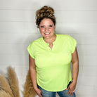 "Dare" Solid Split Neck Cuffed Short Sleeve (Neon Green)-Lola Monroe Boutique