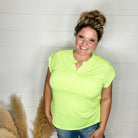 "Dare" Solid Split Neck Cuffed Short Sleeve (Neon Green)-Lola Monroe Boutique