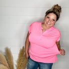 "Dare" Solid Split Neck Cuffed Short Sleeve (Neon Pink)-Lola Monroe Boutique