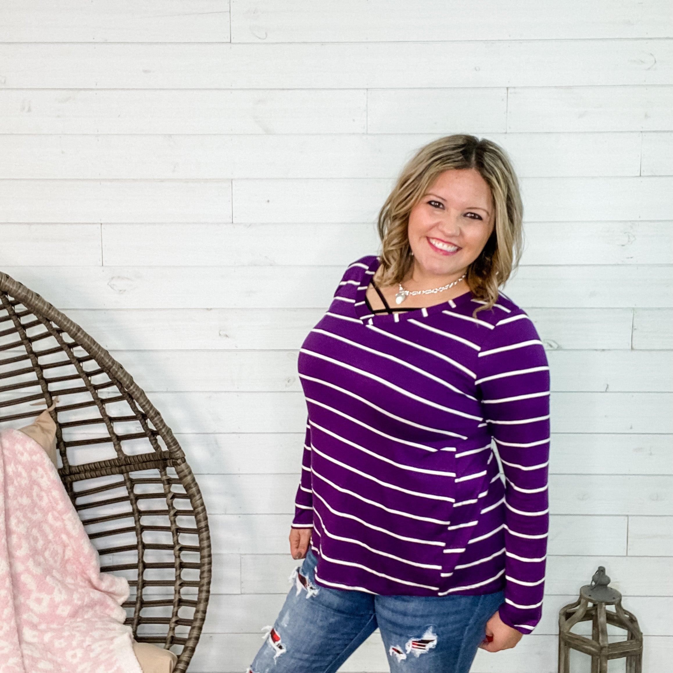 "Debbie" Striped Long Sleeve V-Neck-Lola Monroe Boutique