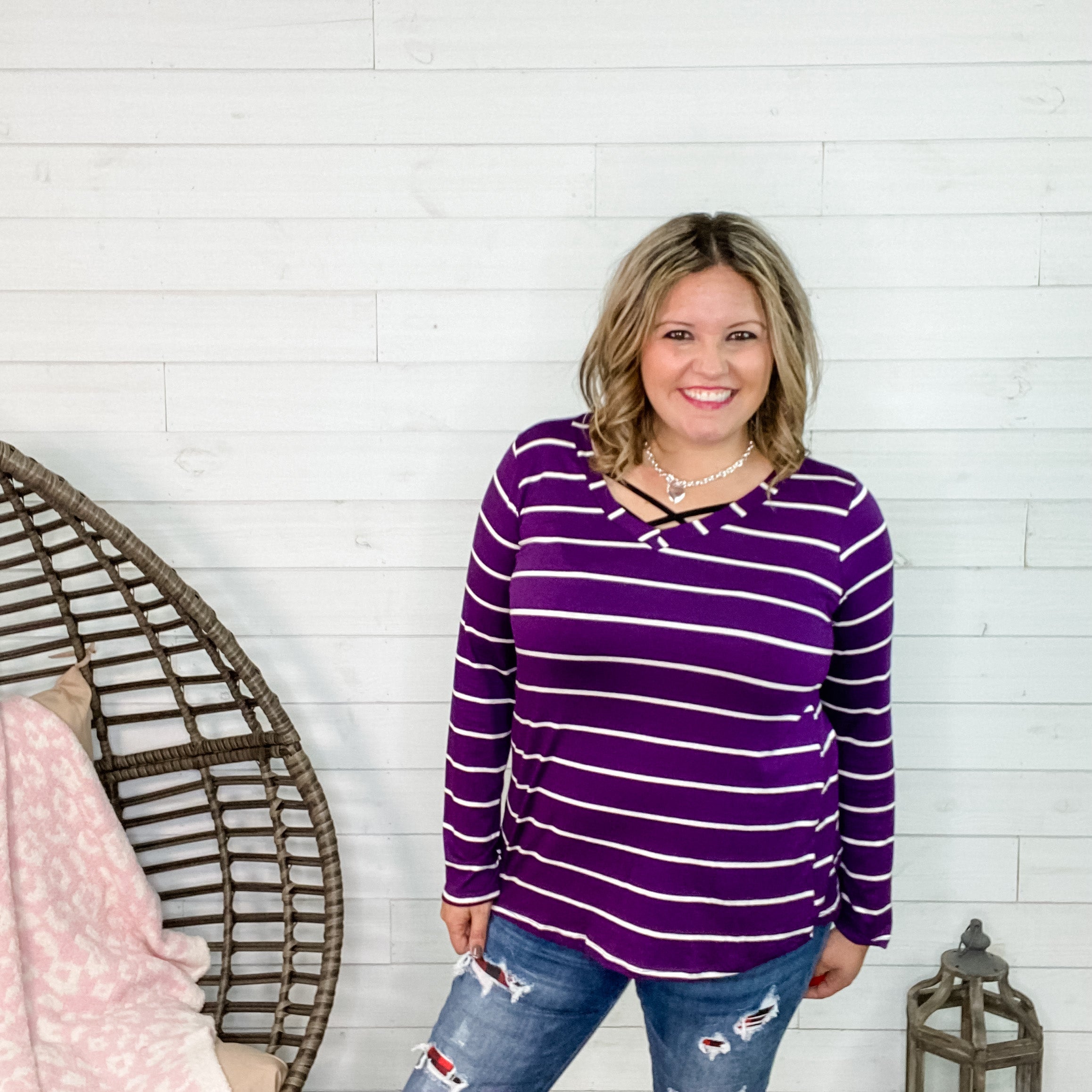 "Debbie" Striped Long Sleeve V-Neck-Lola Monroe Boutique