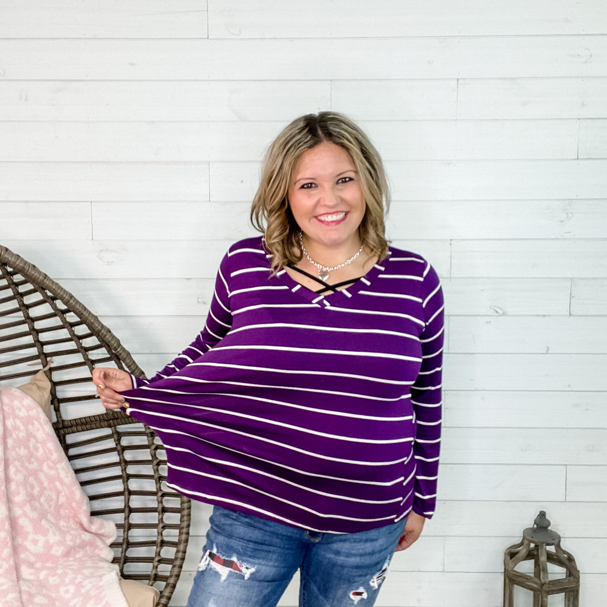 "Debbie" Striped Long Sleeve V-Neck-Lola Monroe Boutique