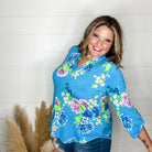 "Deep Dive" Floral Lizzy 3/4 Sleeve Split Neck Tops-Lola Monroe Boutique