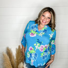 "Deep Dive" Floral Lizzy 3/4 Sleeve Split Neck Tops-Lola Monroe Boutique