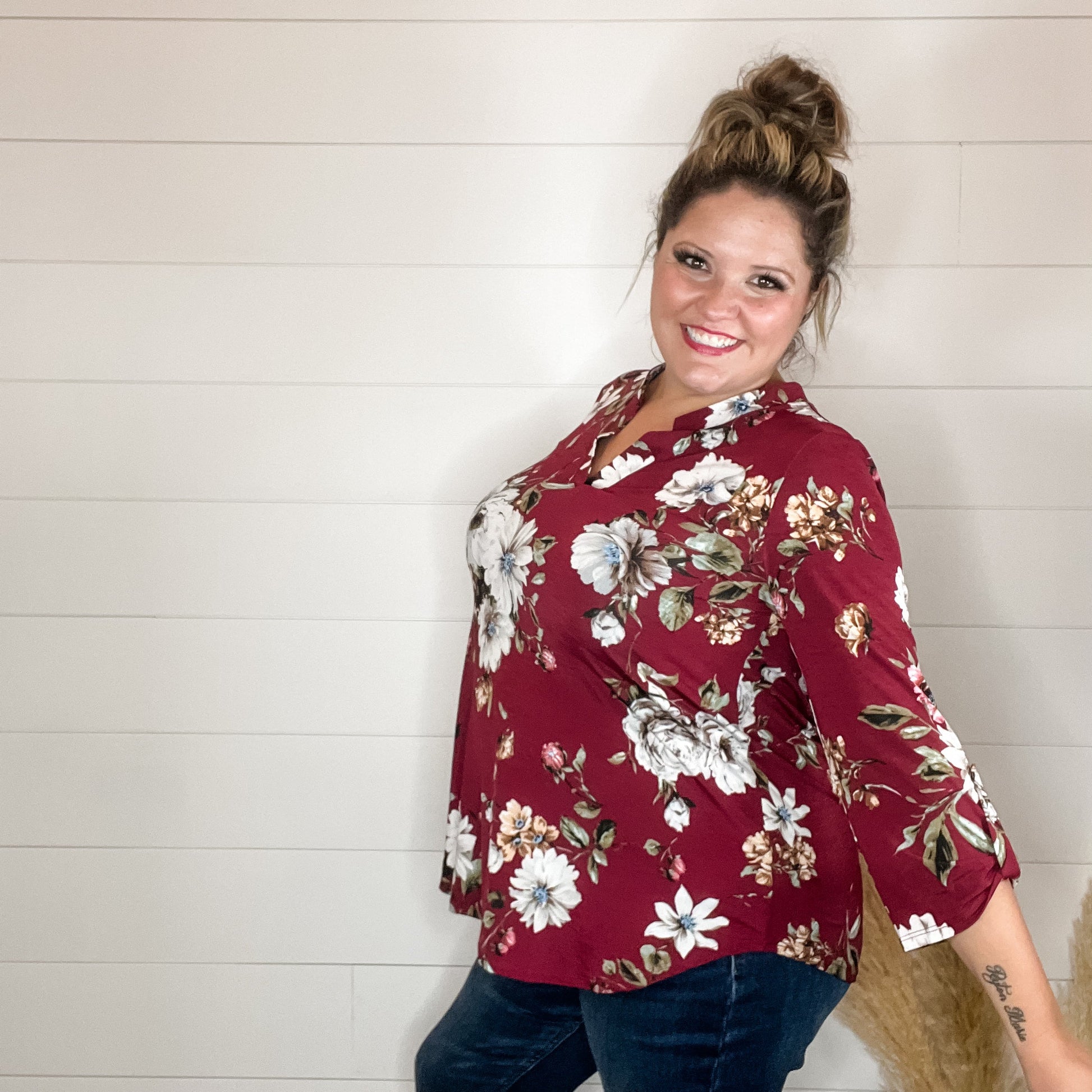 "Deeply" Floral 3/4 Sleeve Split Neck-Lola Monroe Boutique
