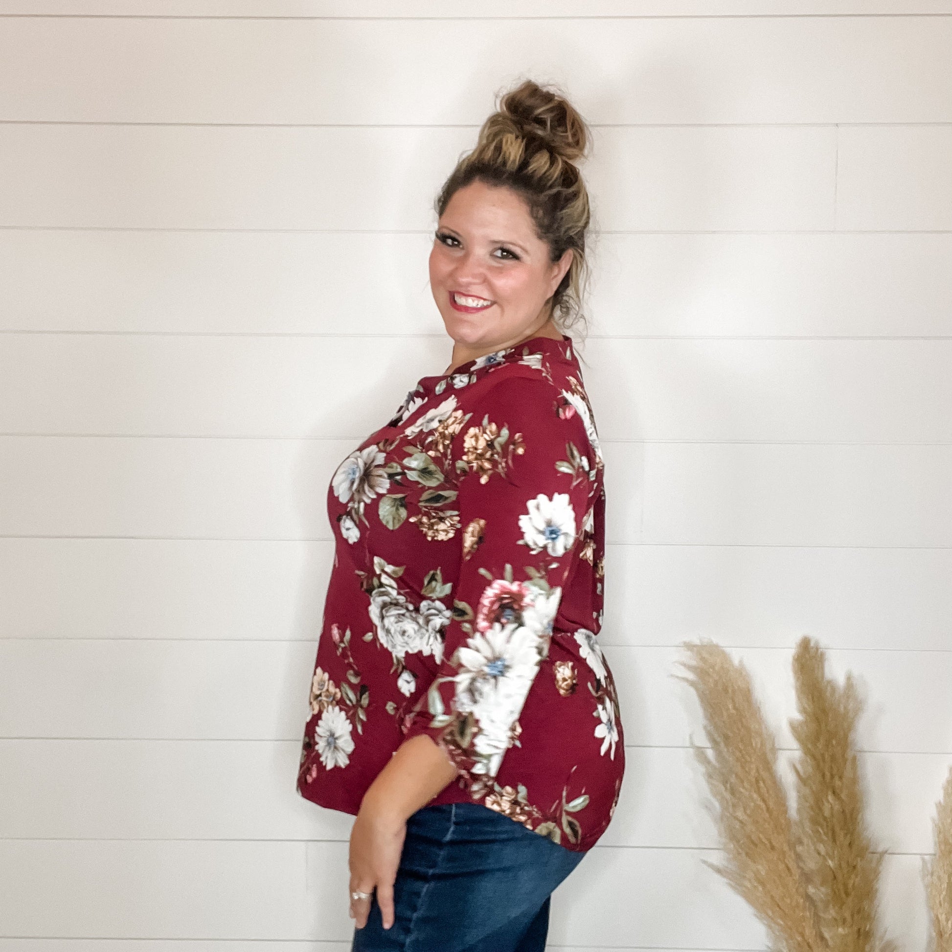 "Deeply" Floral 3/4 Sleeve Split Neck-Lola Monroe Boutique