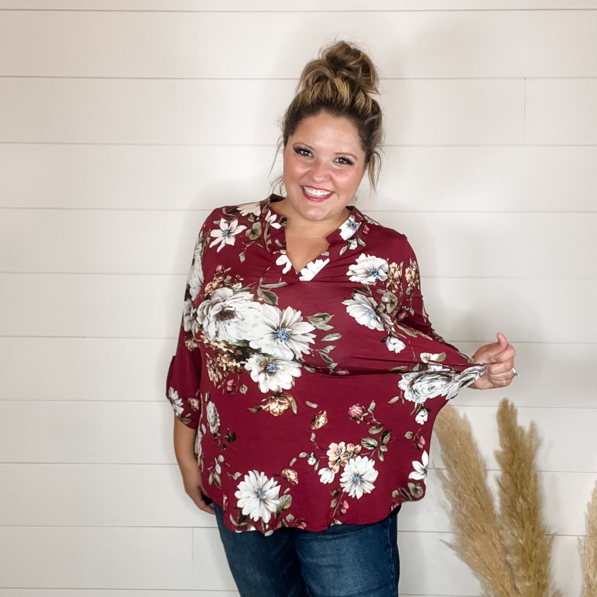 "Deeply" Floral 3/4 Sleeve Split Neck-Lola Monroe Boutique