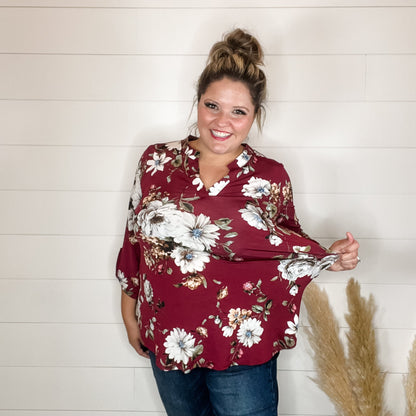 "Deeply" Floral 3/4 Sleeve Split Neck-Lola Monroe Boutique