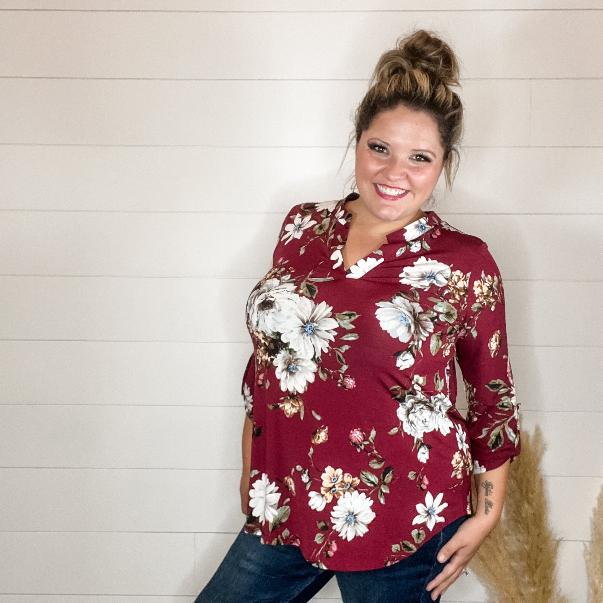 "Deeply" Floral 3/4 Sleeve Split Neck-Lola Monroe Boutique