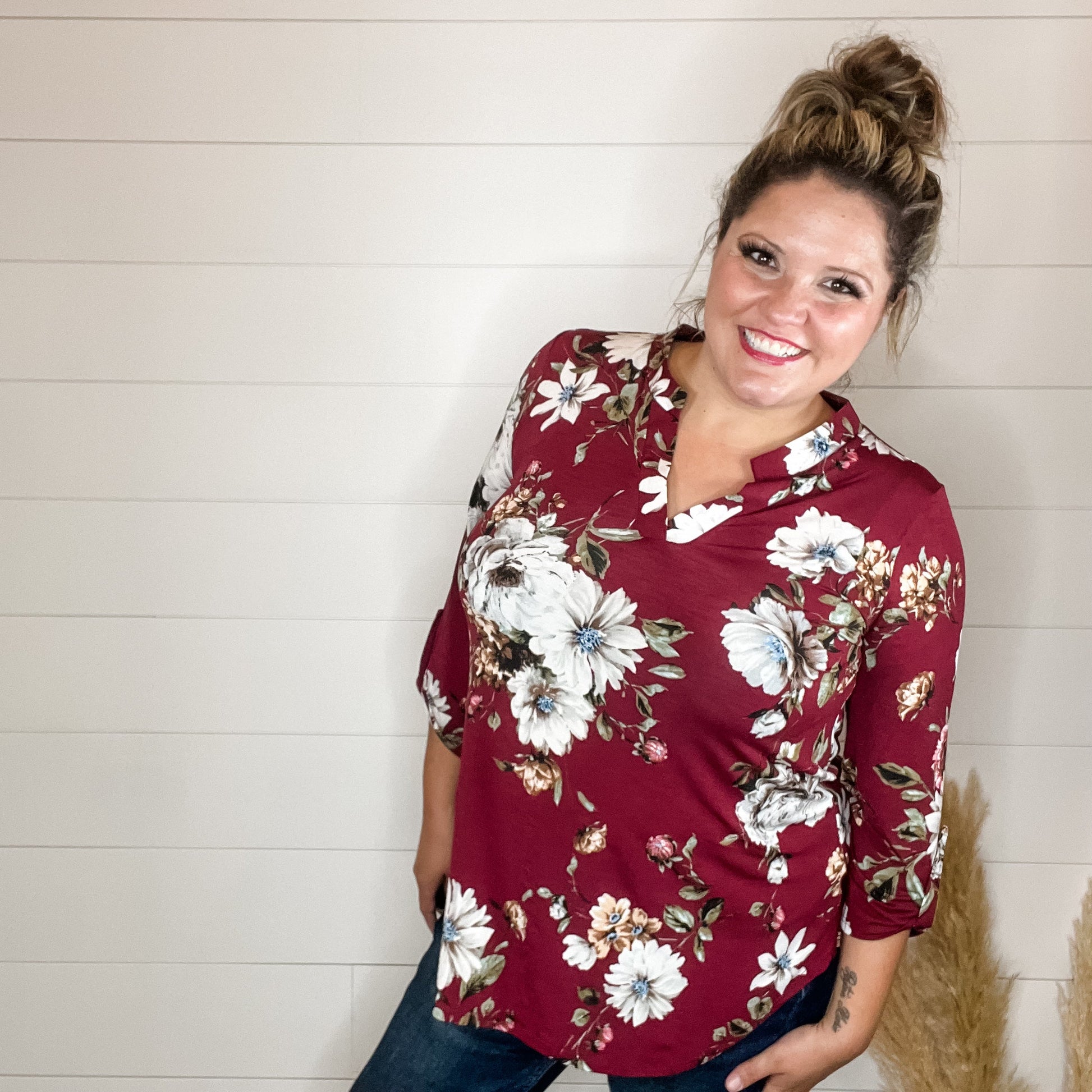 "Deeply" Floral 3/4 Sleeve Split Neck-Lola Monroe Boutique