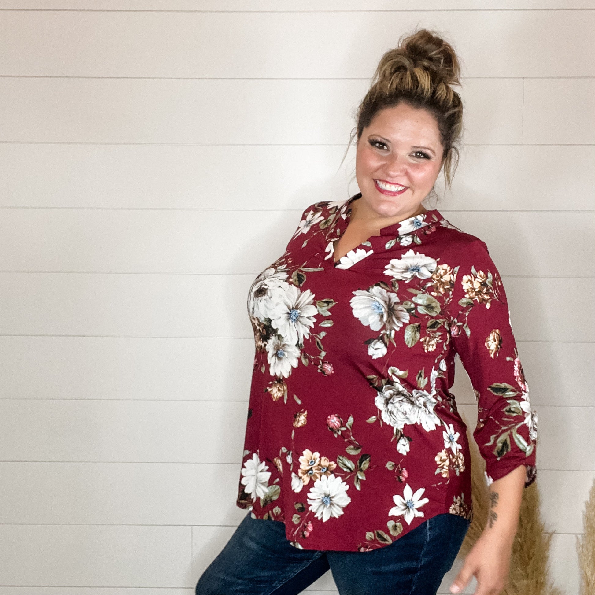 "Deeply" Floral 3/4 Sleeve Split Neck-Lola Monroe Boutique