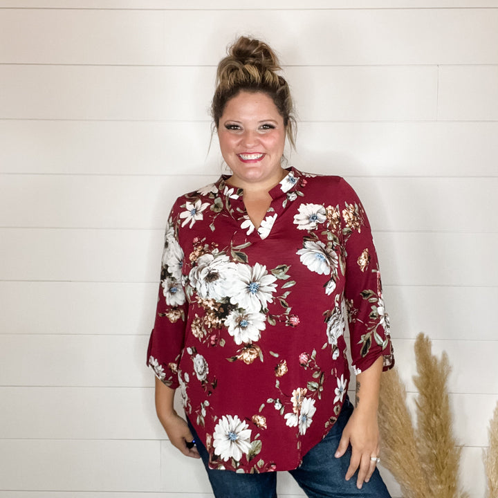 "Deeply" Floral 3/4 Sleeve Split Neck-Lola Monroe Boutique
