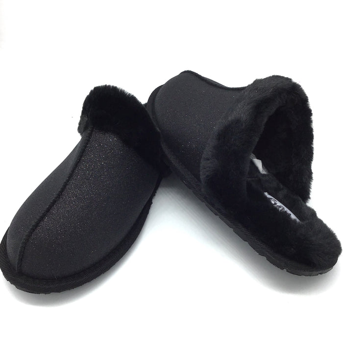 "Deidra" Black Sparkle Faux Fur Slipper-Lola Monroe Boutique