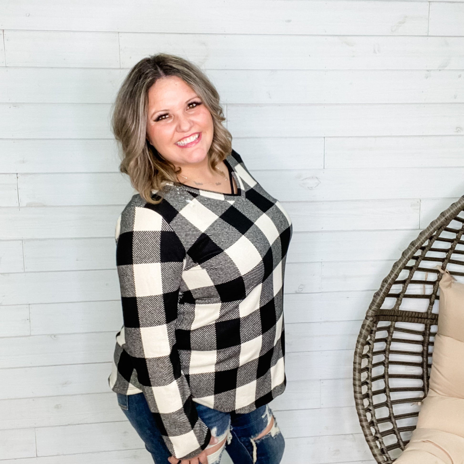 "Delfina" Long Sleeve Checkered V Neck