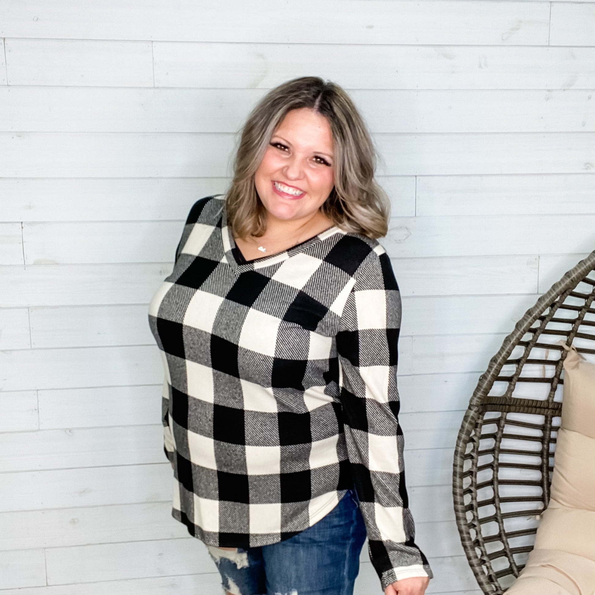 "Delfina" Long Sleeve Checkered V Neck