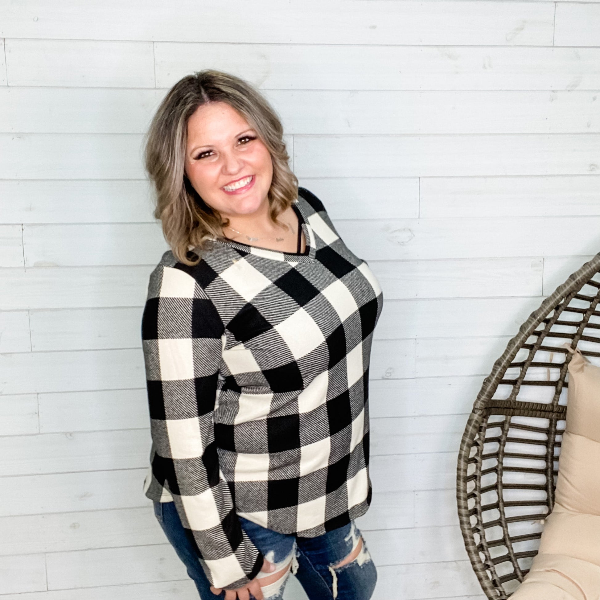 "Delfina" Long Sleeve Checkered V Neck