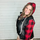 Denim Jacket with Sweatshirt Sleeves and Hood (Buffalo Plaid)-Lola Monroe Boutique