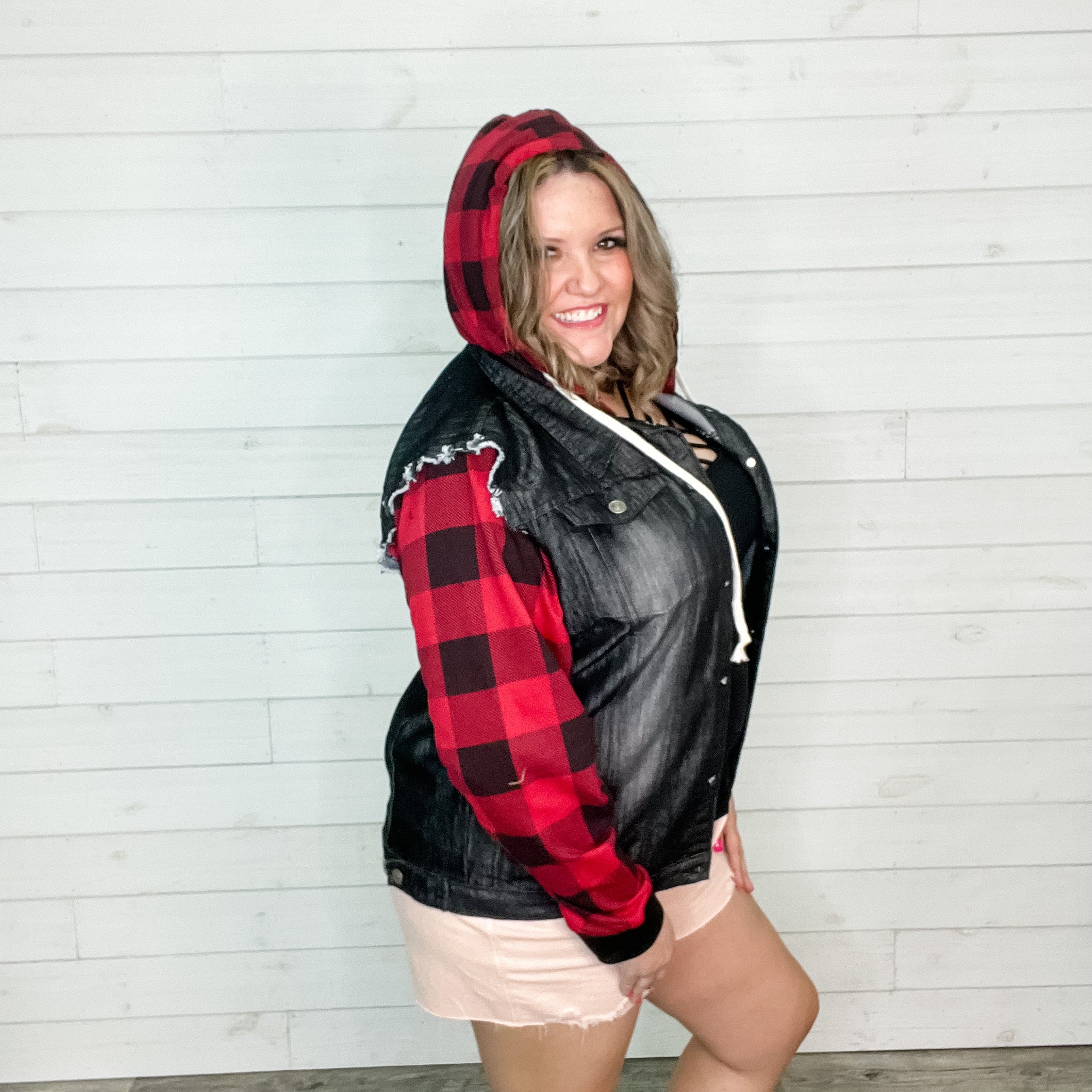 Denim Jacket with Sweatshirt Sleeves and Hood Buffalo Plaid Lola Monroe Boutique