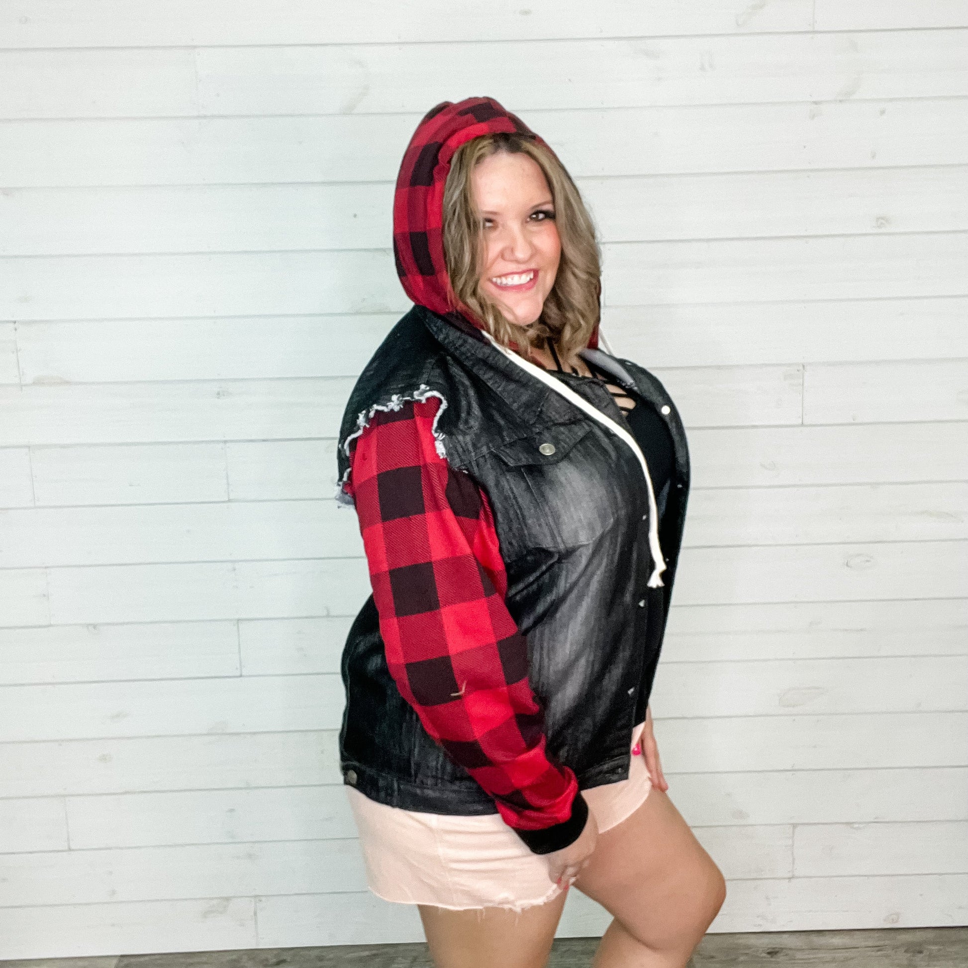 Denim Jacket with Sweatshirt Sleeves and Hood (Buffalo Plaid