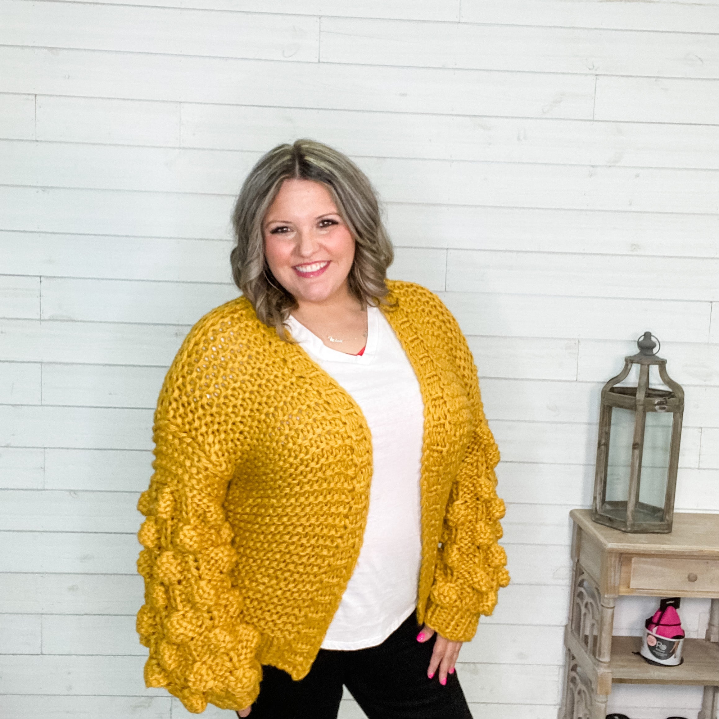 "Desi" Large Weave Pom Pom Sleeve Cardigan (Mustard)-Lola Monroe Boutique