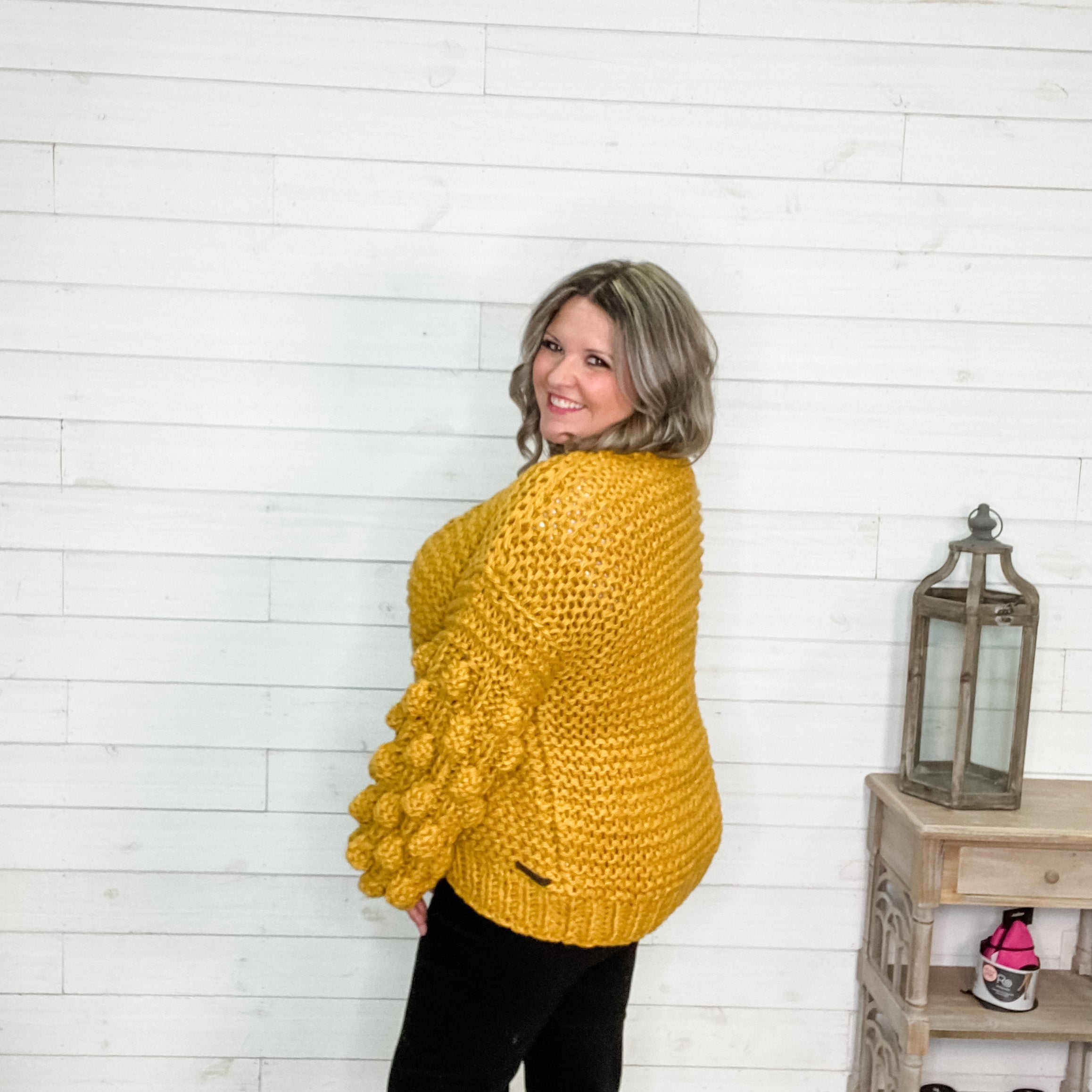 "Desi" Large Weave Pom Pom Sleeve Cardigan (Mustard)-Lola Monroe Boutique