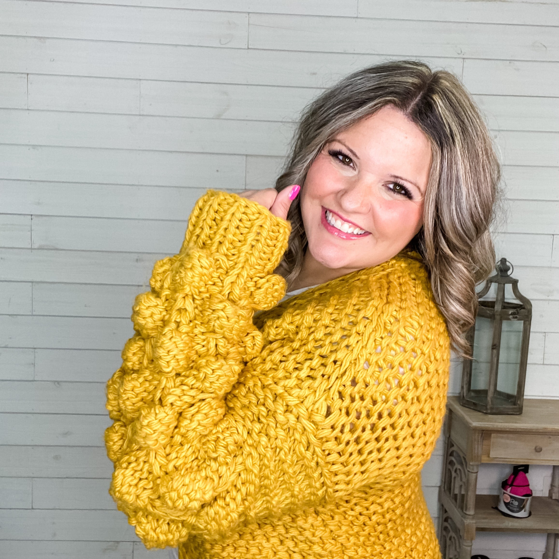 "Desi" Large Weave Pom Pom Sleeve Cardigan (Mustard)-Lola Monroe Boutique